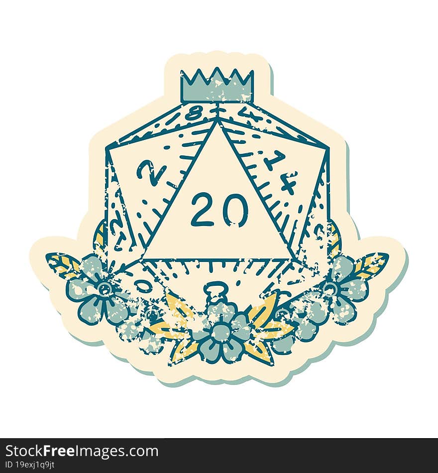 Natural 20 D20 Dice Roll With Floral Elements Illustration