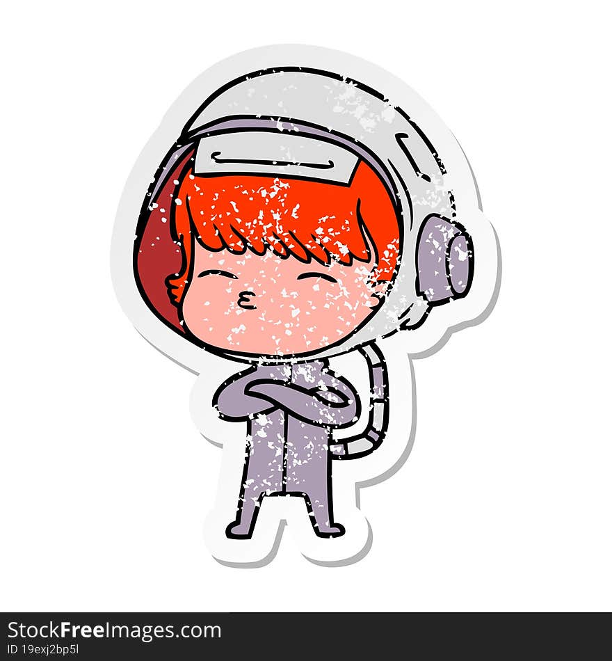 distressed sticker of a cartoon curious astronaut