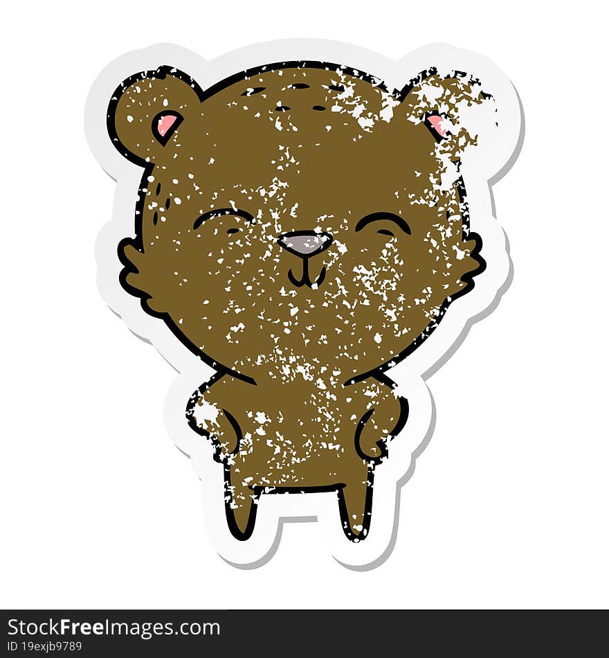 Distressed Sticker Of A Happy Cartoon Bear With Hands On Hips