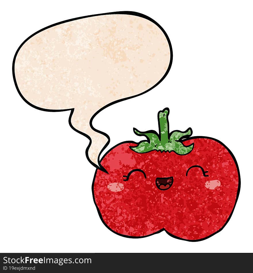 cartoon tomato and speech bubble in retro texture style