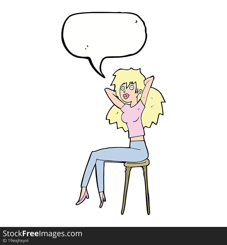 cartoon woman posing on stool with speech bubble