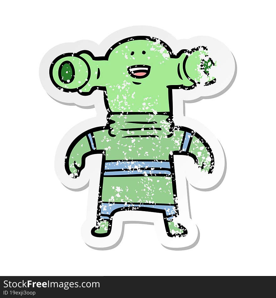 distressed sticker of a friendly cartoon alien