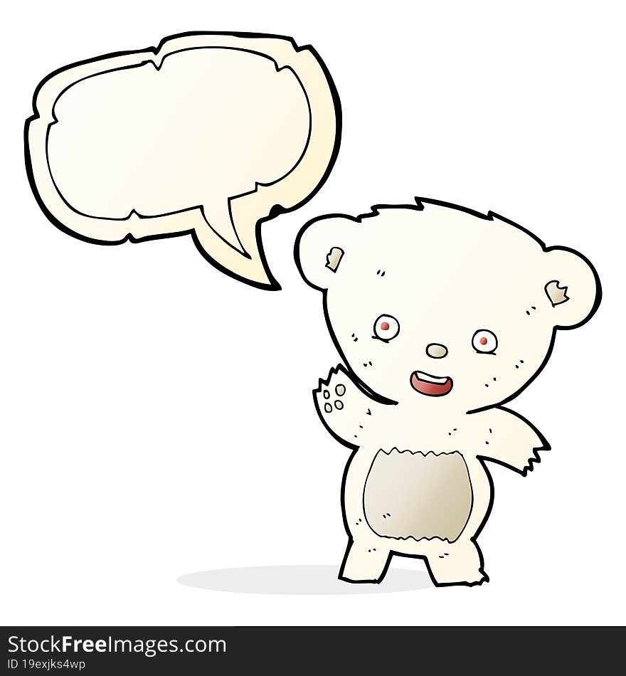 cartoon waving polar bear with speech bubble