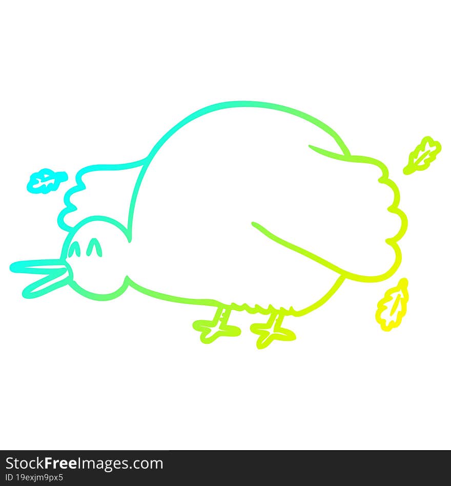 cold gradient line drawing of a cartoon kiwi bird flapping wings