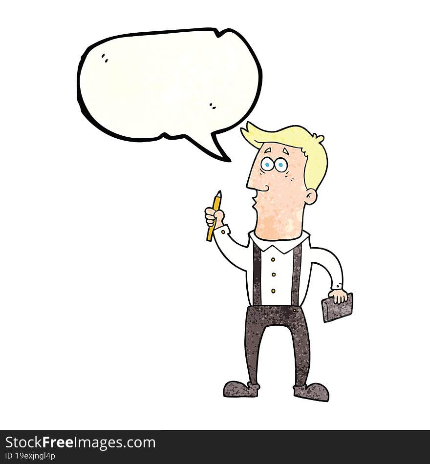 speech bubble textured cartoon man with notebook