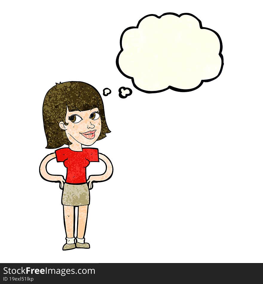 Cartoon Happy Woman With Hands On Hips With Thought Bubble