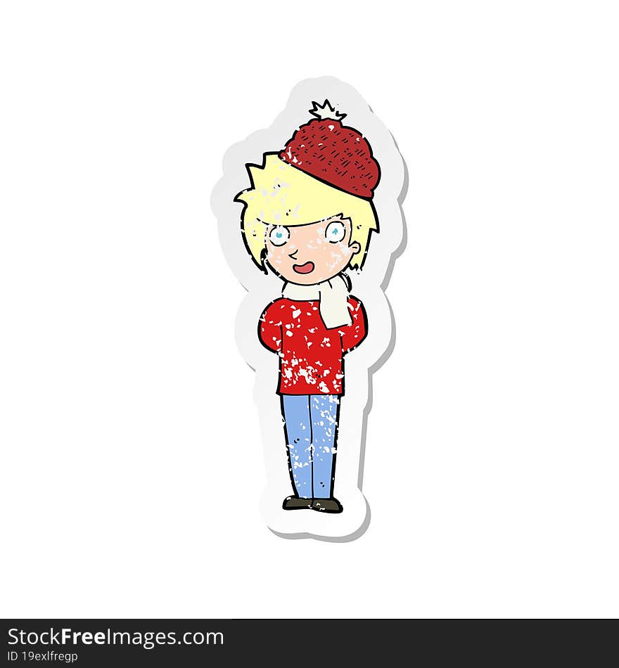 retro distressed sticker of a cartoon winter man