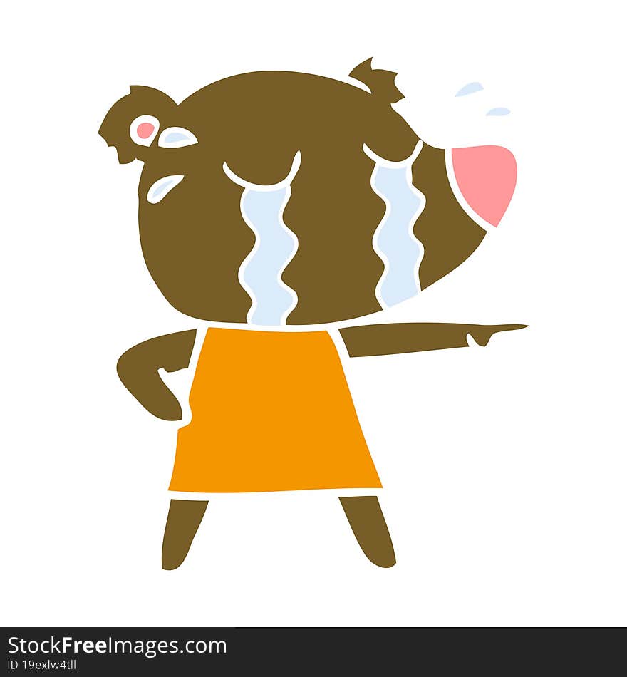 flat color style cartoon crying bear in dress pointing