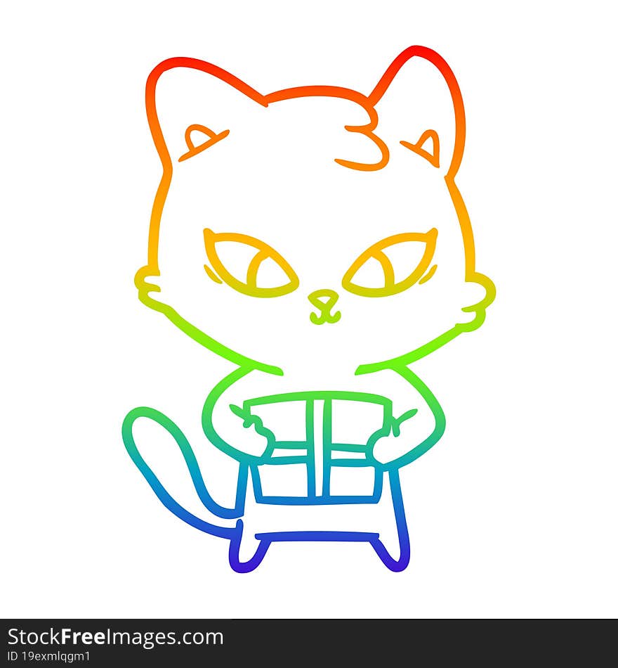 rainbow gradient line drawing of a cute cartoon cat