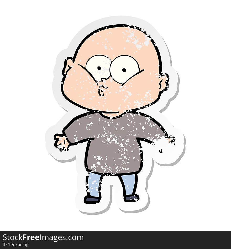 distressed sticker of a cartoon bald man staring