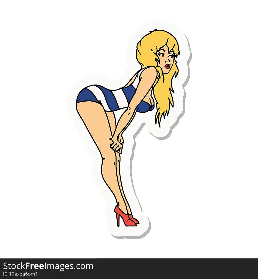 tattoo style sticker of a pinup girl in swimming costume