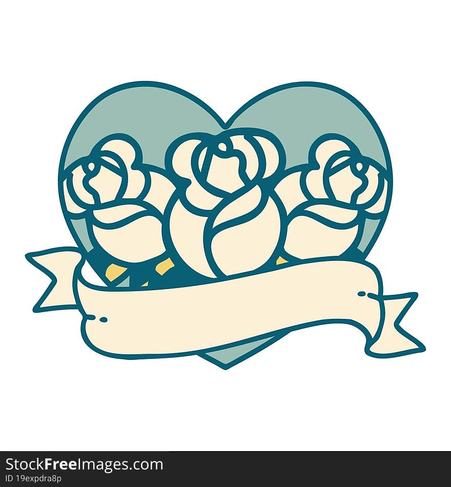 Tattoo Style Icon Of A Heart And Banner With Flowers