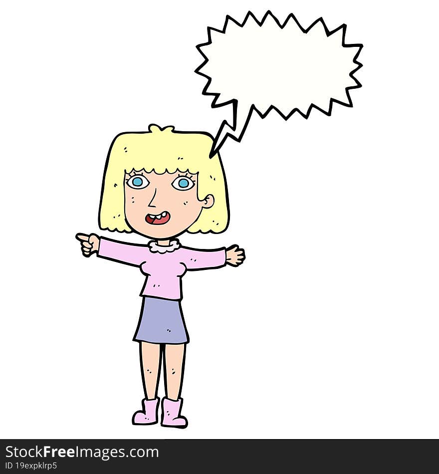 Cartoon Happy Woman Pointing With Speech Bubble