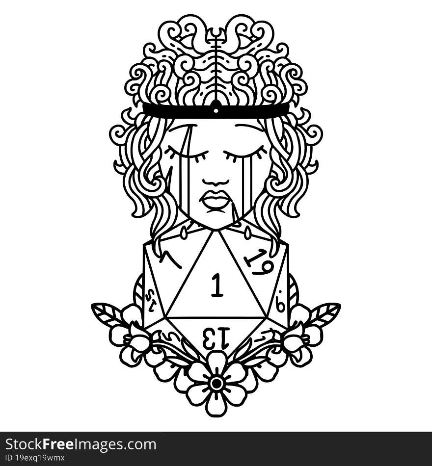 Black and White Tattoo linework Style crying human barbarian with natural one D20 roll. Black and White Tattoo linework Style crying human barbarian with natural one D20 roll