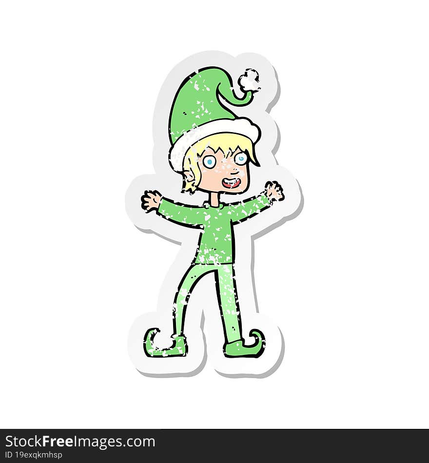 retro distressed sticker of a cartoon excited christmas elf