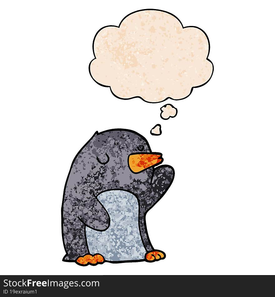 Cartoon Penguin And Thought Bubble In Grunge Texture Pattern Style