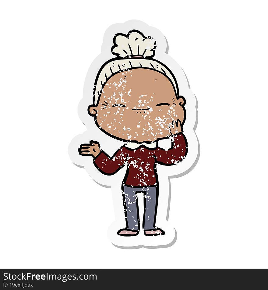 distressed sticker of a cartoon peaceful old woman