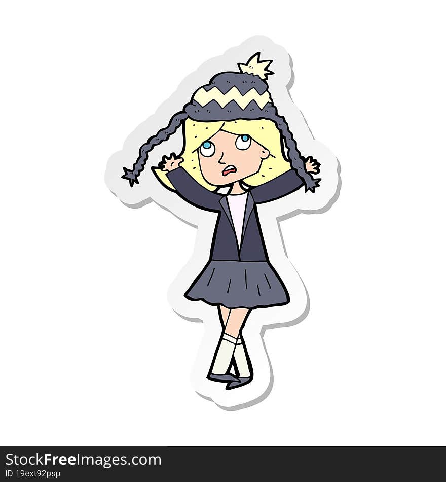 Sticker Of A Cartoon Woman Wearing Winter Hat