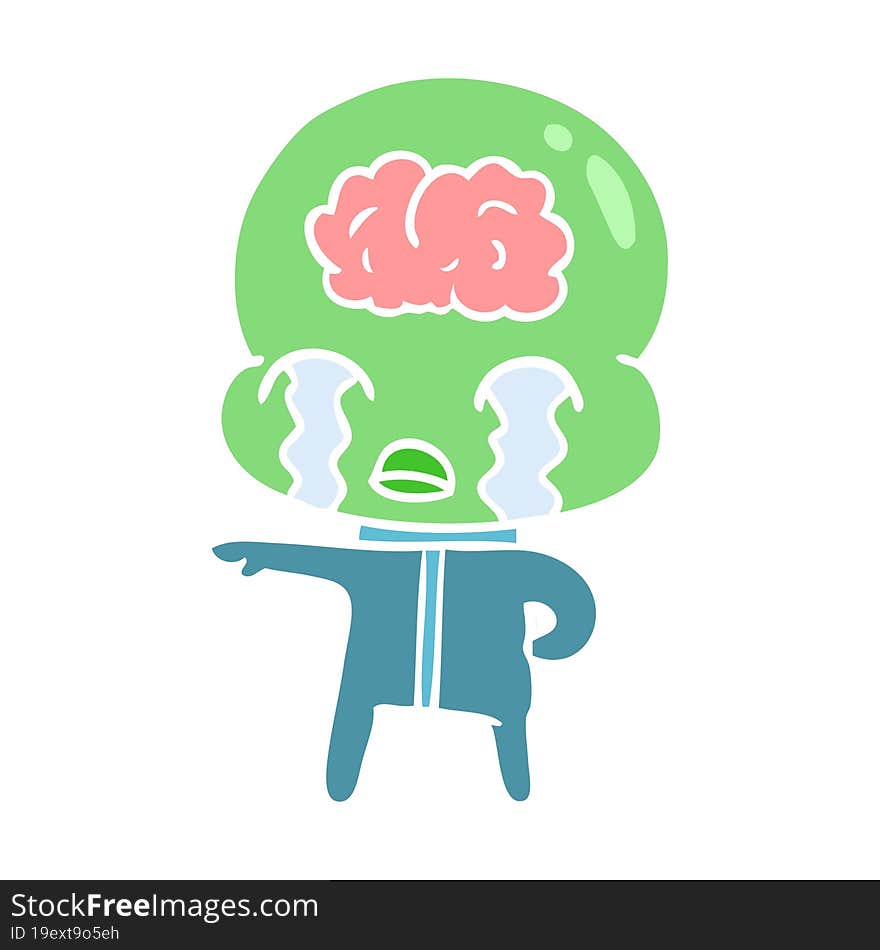 flat color style cartoon big brain alien crying