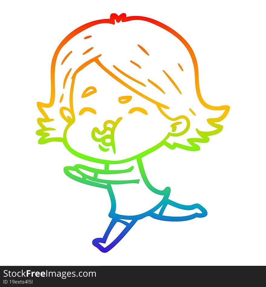 Rainbow Gradient Line Drawing Cartoon Girl Pulling Face