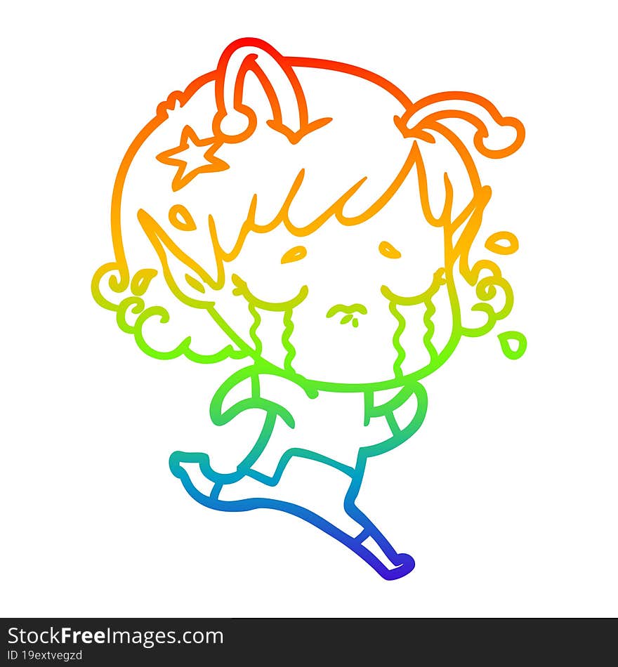 rainbow gradient line drawing cartoon crying alien girl