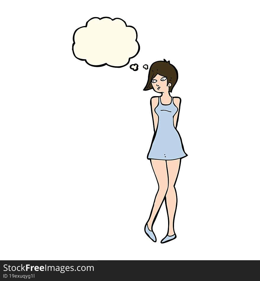 cartoon pretty woman in dress with thought bubble