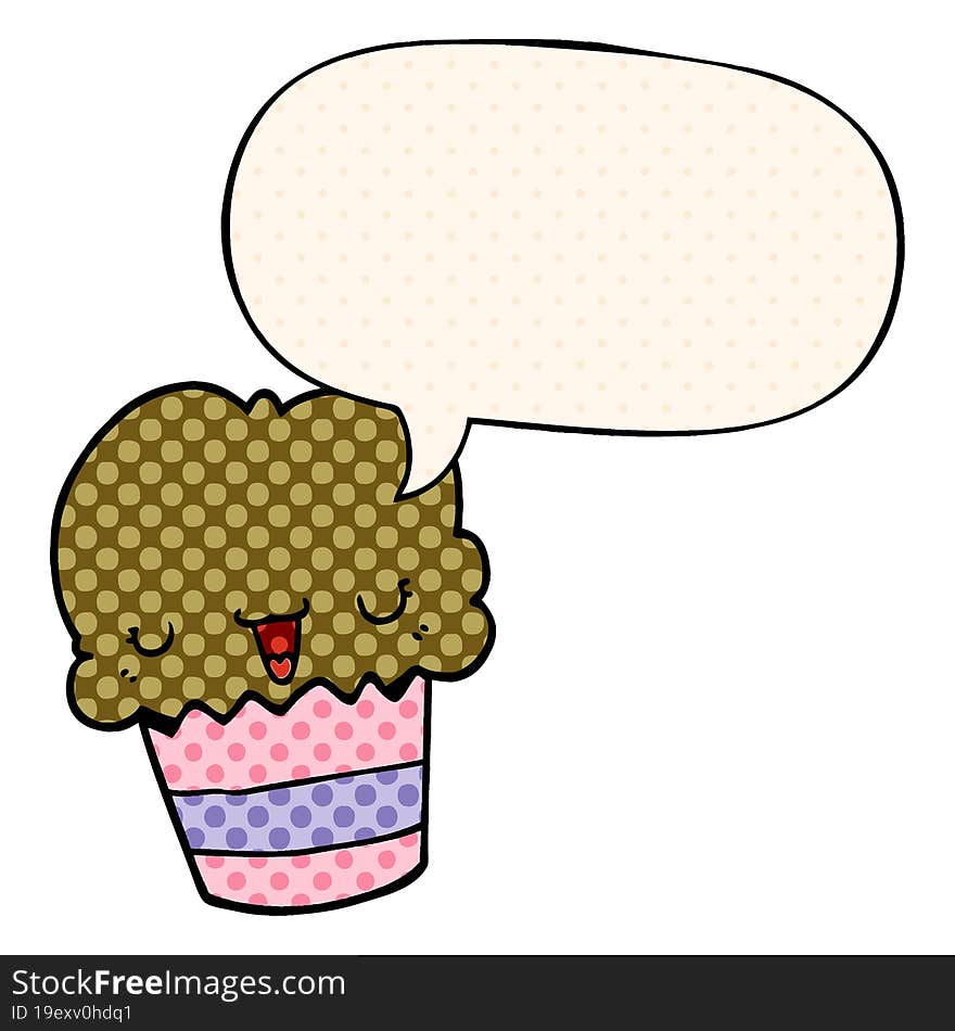 cartoon cupcake with face with speech bubble in comic book style. cartoon cupcake with face with speech bubble in comic book style