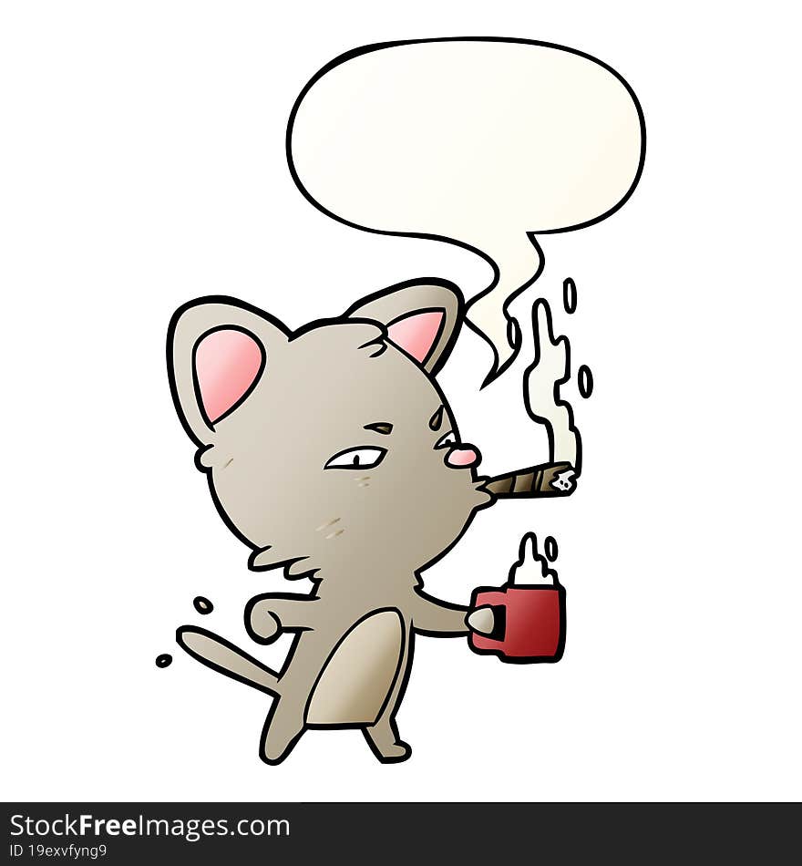 cartoon serious business cat with coffee and cigar with speech bubble in smooth gradient style