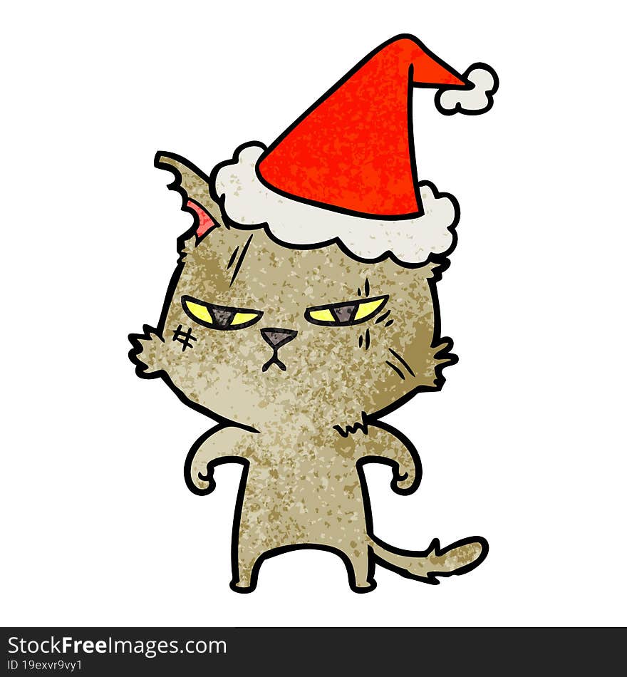 tough textured cartoon of a cat wearing santa hat