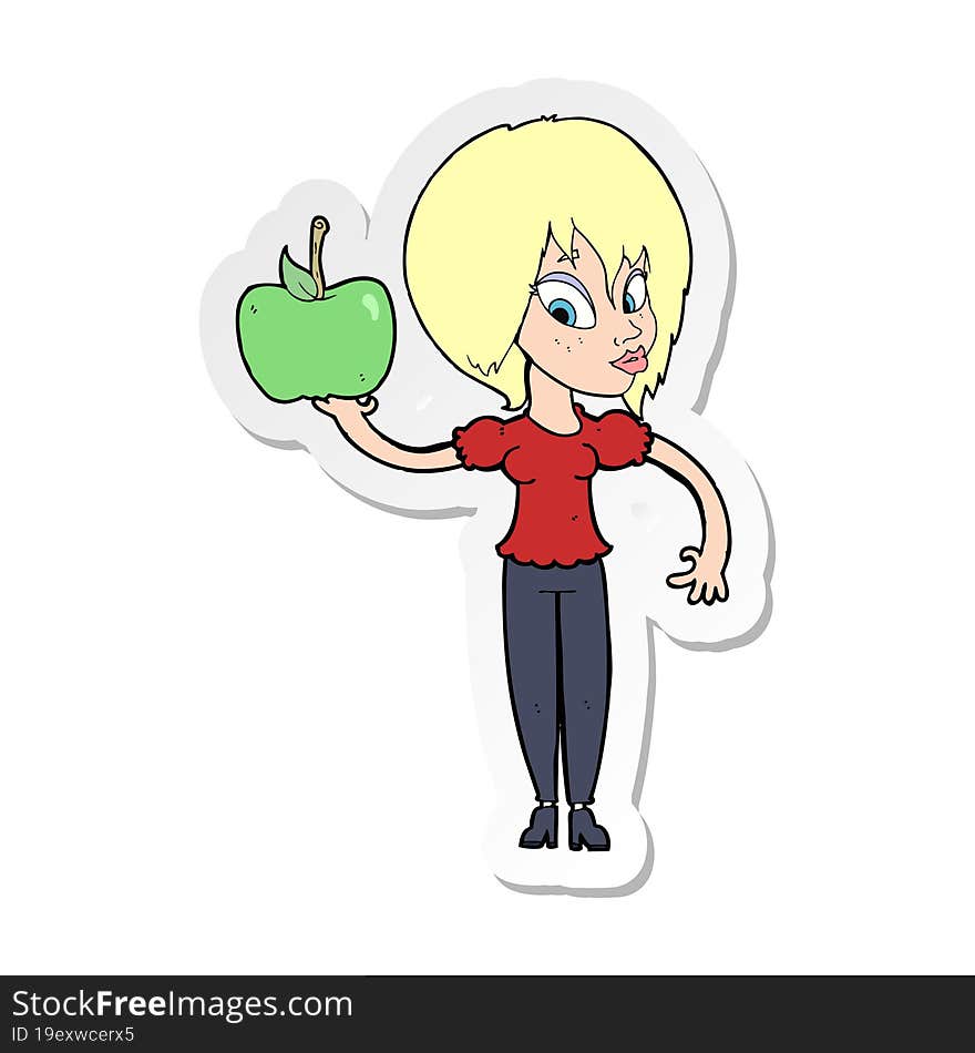 sticker of a cartoon woman holding apple