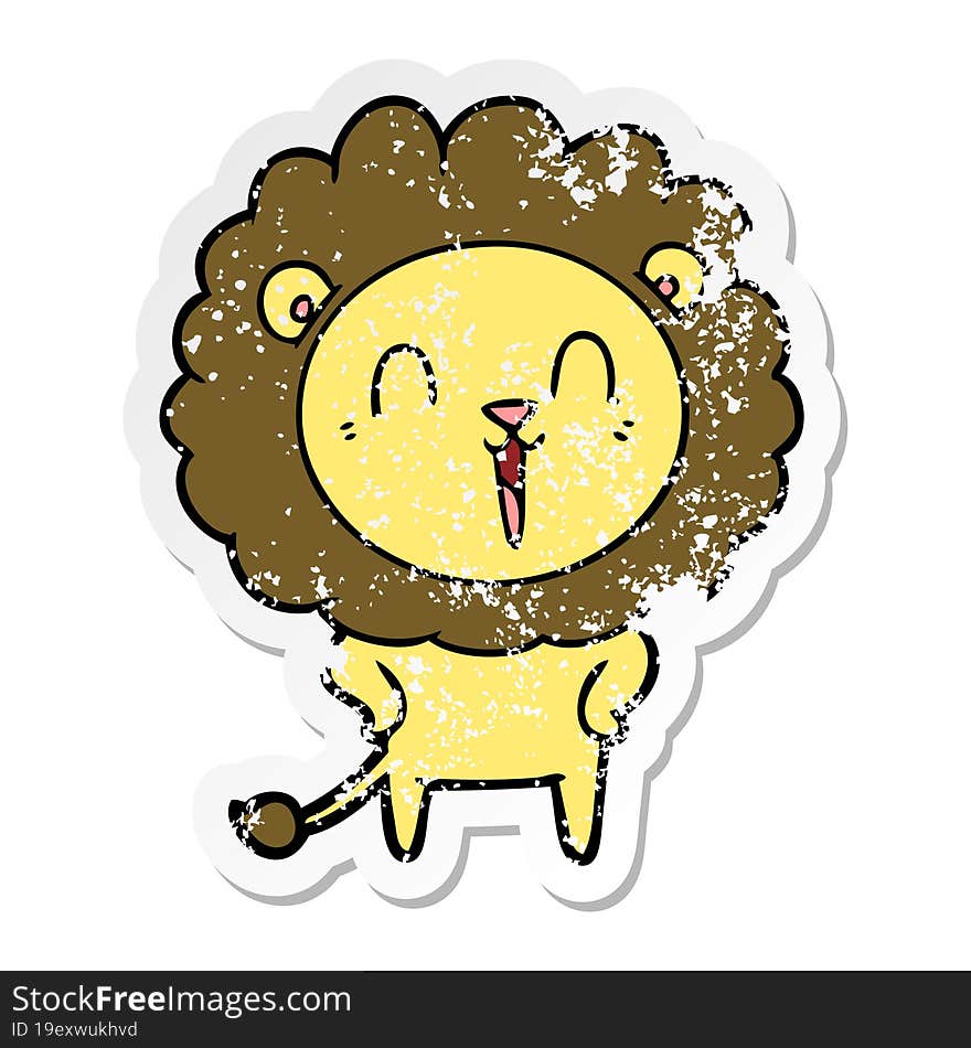 distressed sticker of a laughing lion cartoon