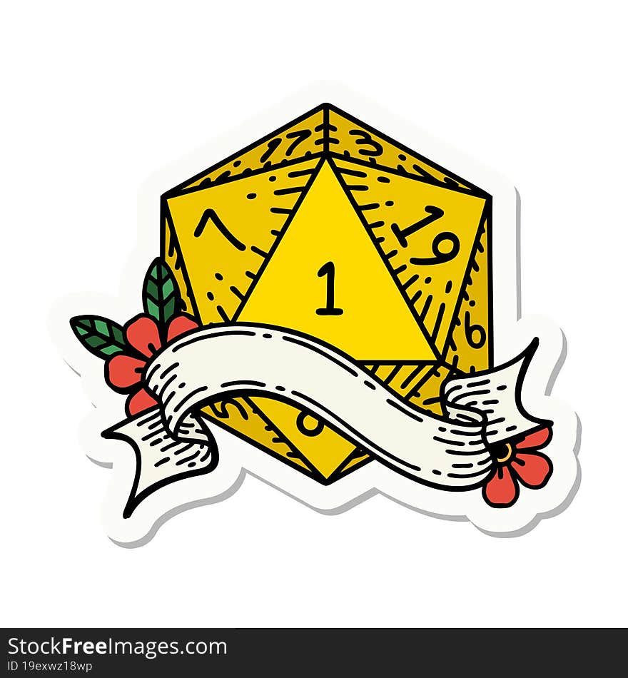 sticker of a natural one d20 dice roll. sticker of a natural one d20 dice roll