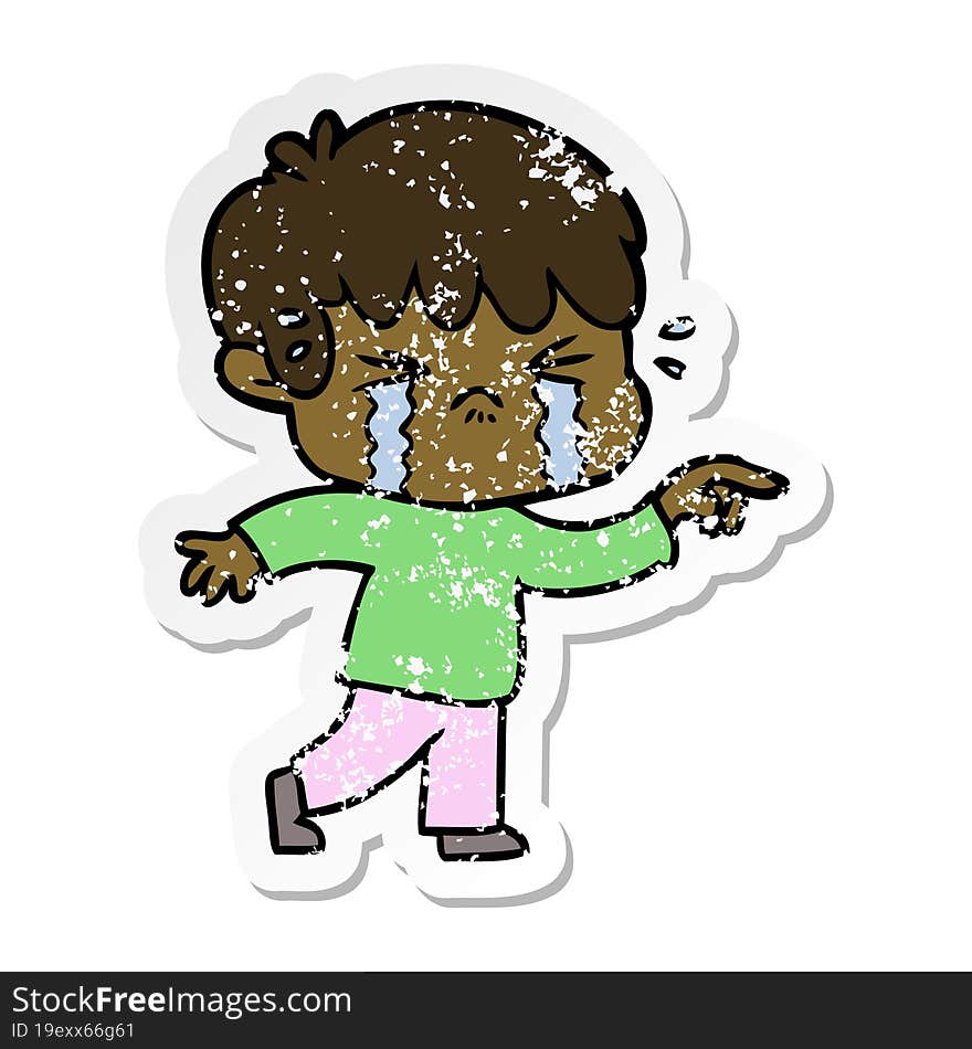 distressed sticker of a cartoon boy crying