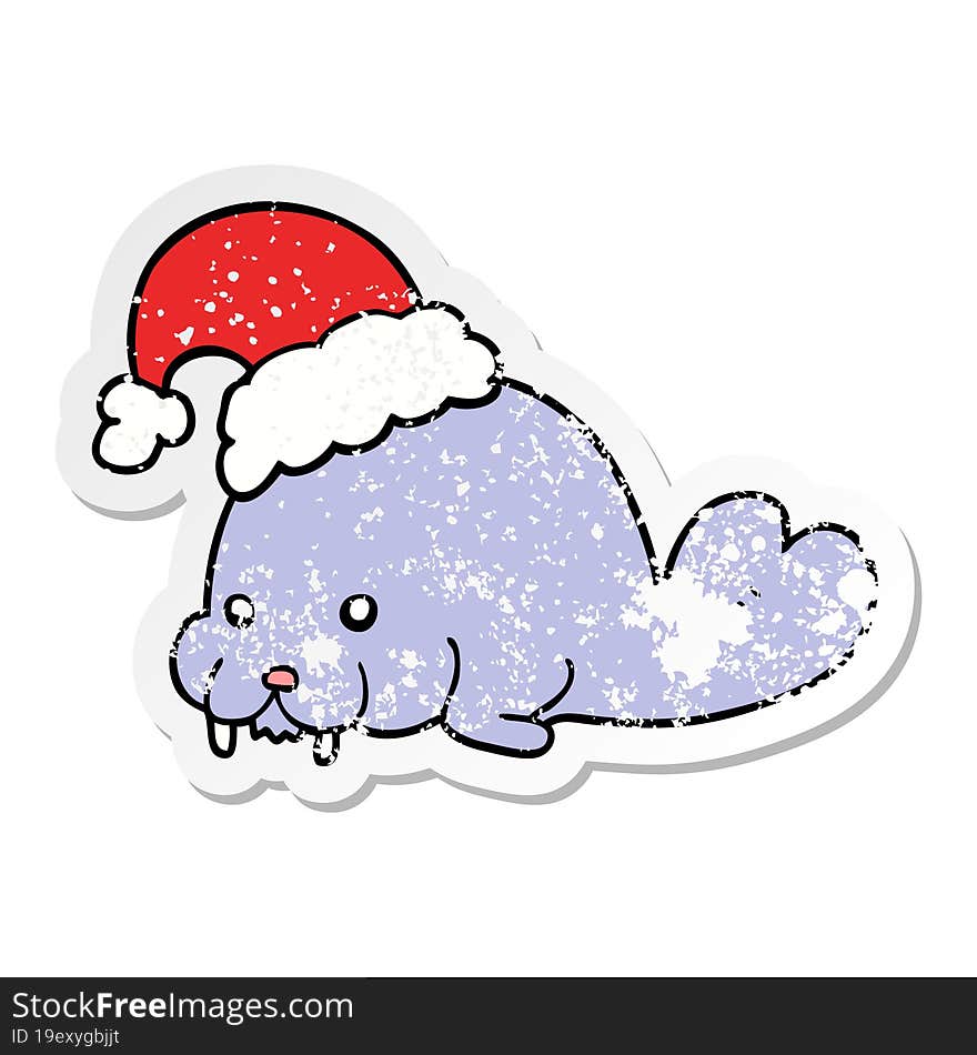 distressed sticker of a cartoon christmas walrus