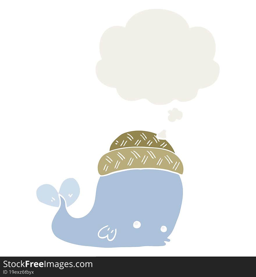 cartoon whale wearing hat and thought bubble in retro style