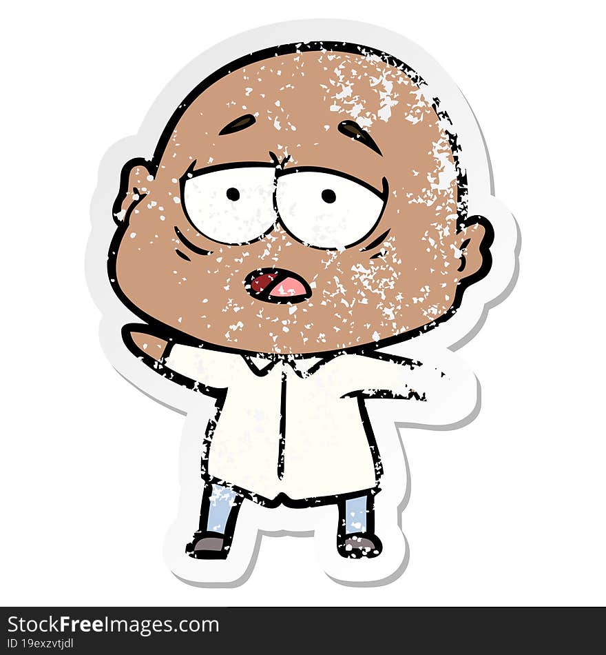 distressed sticker of a cartoon tired bald man