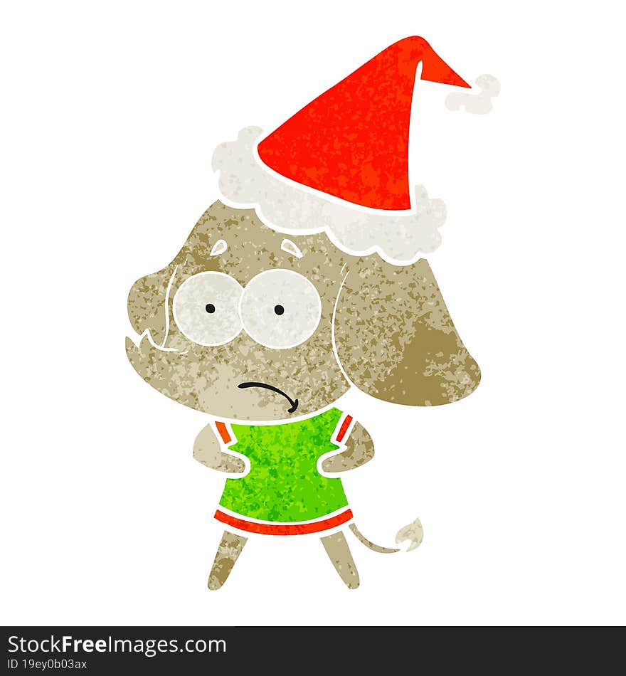 retro cartoon of a unsure elephant wearing santa hat