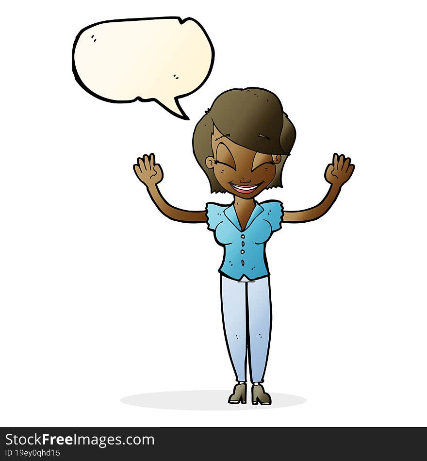 Cartoon Pretty Woman With Hands In Air With Speech Bubble