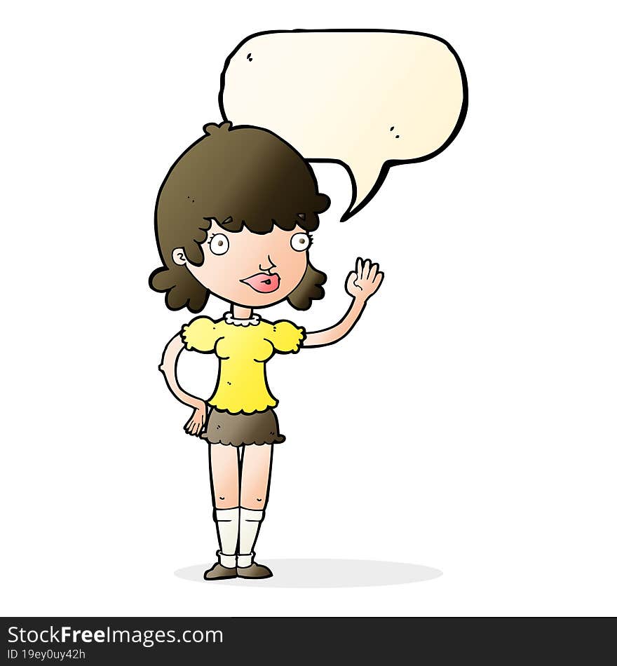 Cartoon Waving Woman With Speech Bubble