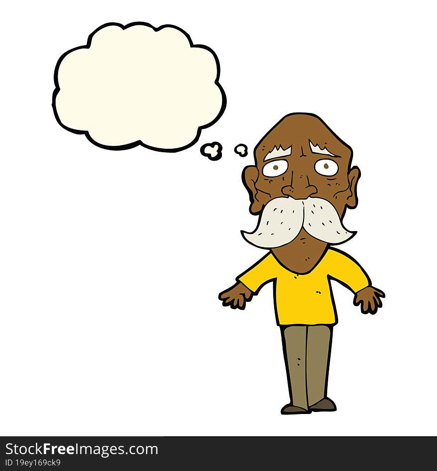 cartoon sad old man with thought bubble