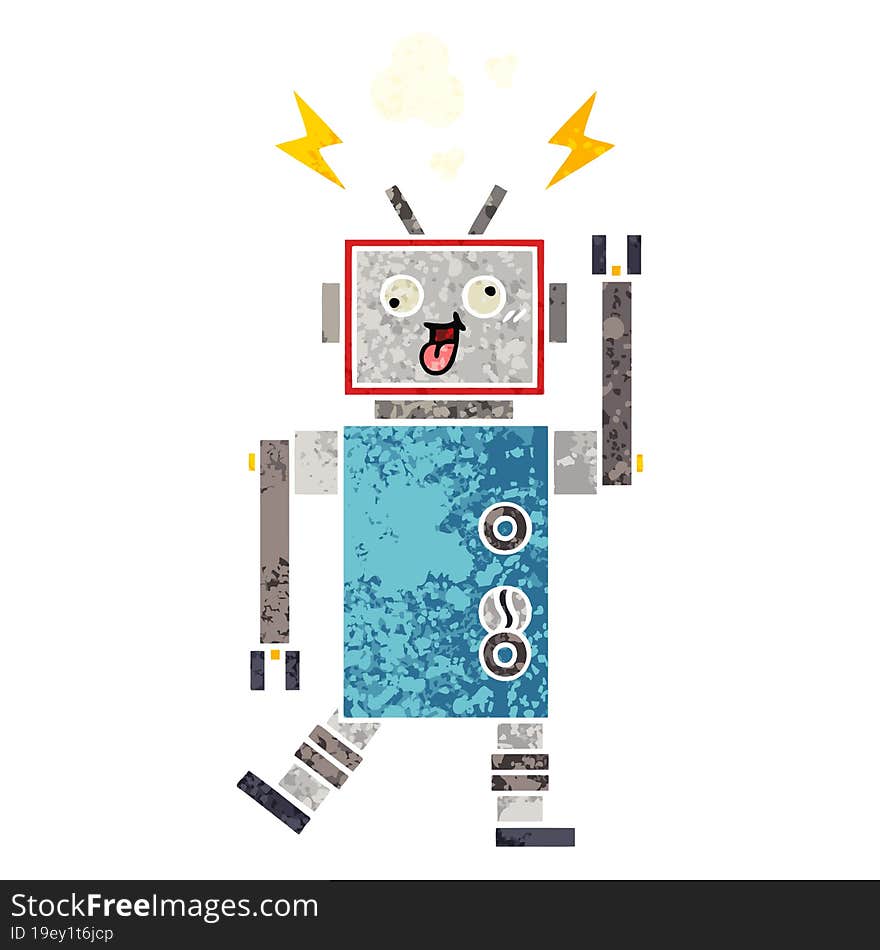 retro illustration style cartoon of a crazy broken robot