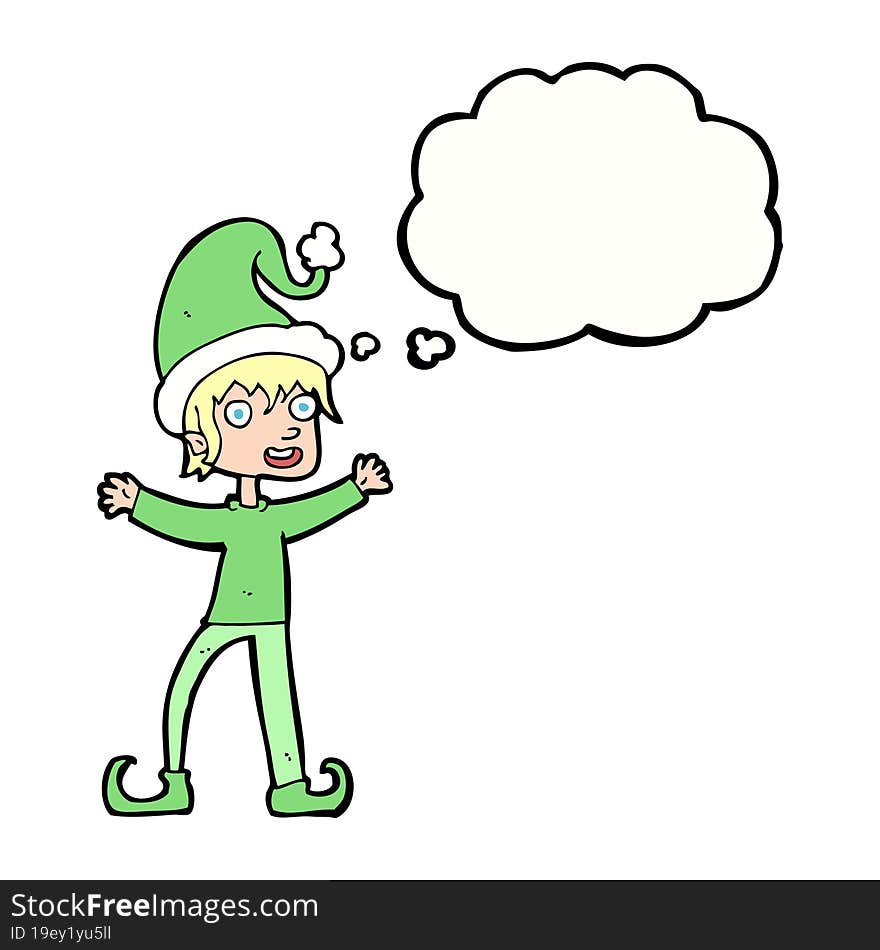 cartoon excited christmas elf with thought bubble