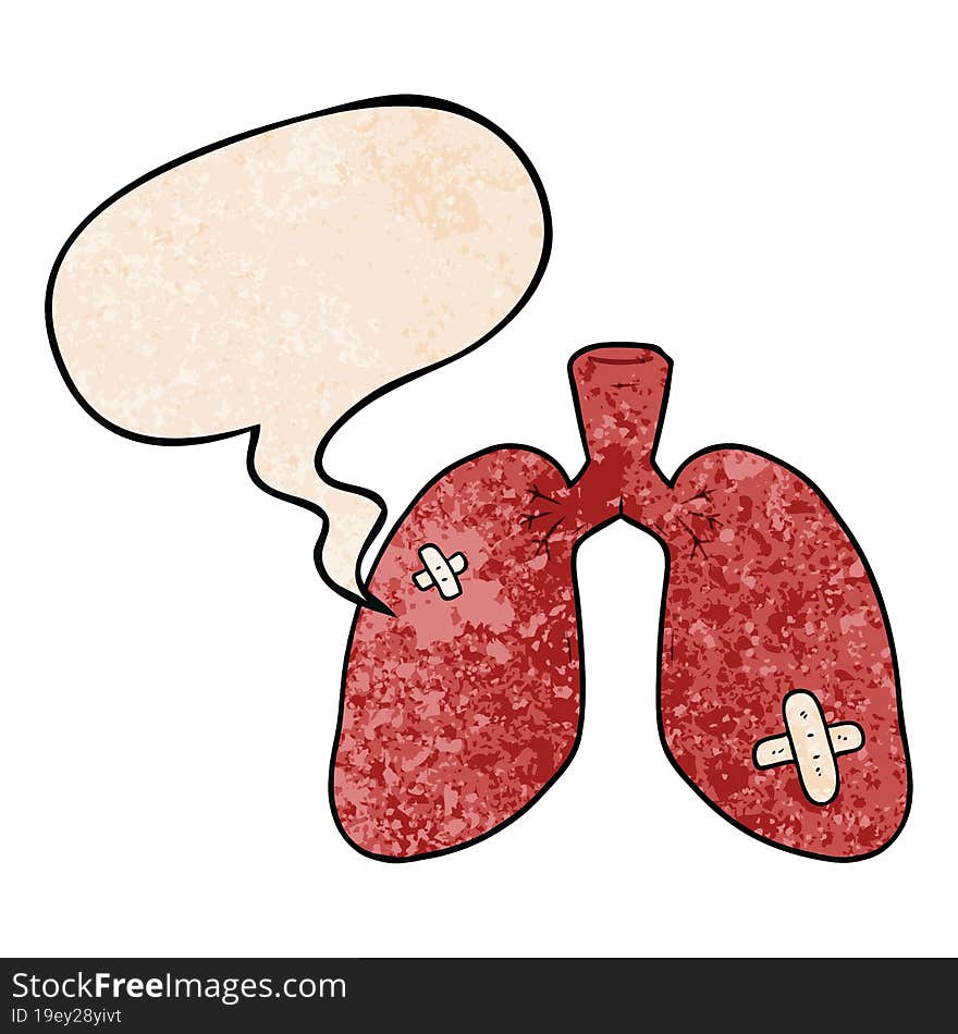 cartoon repaired lungs and speech bubble in retro texture style