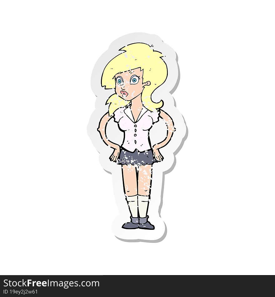 retro distressed sticker of a cartoon pretty woman