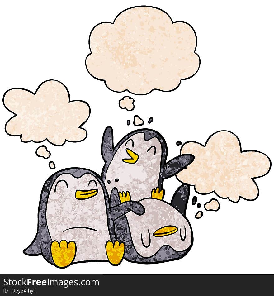 cartoon penguins and thought bubble in grunge texture pattern style