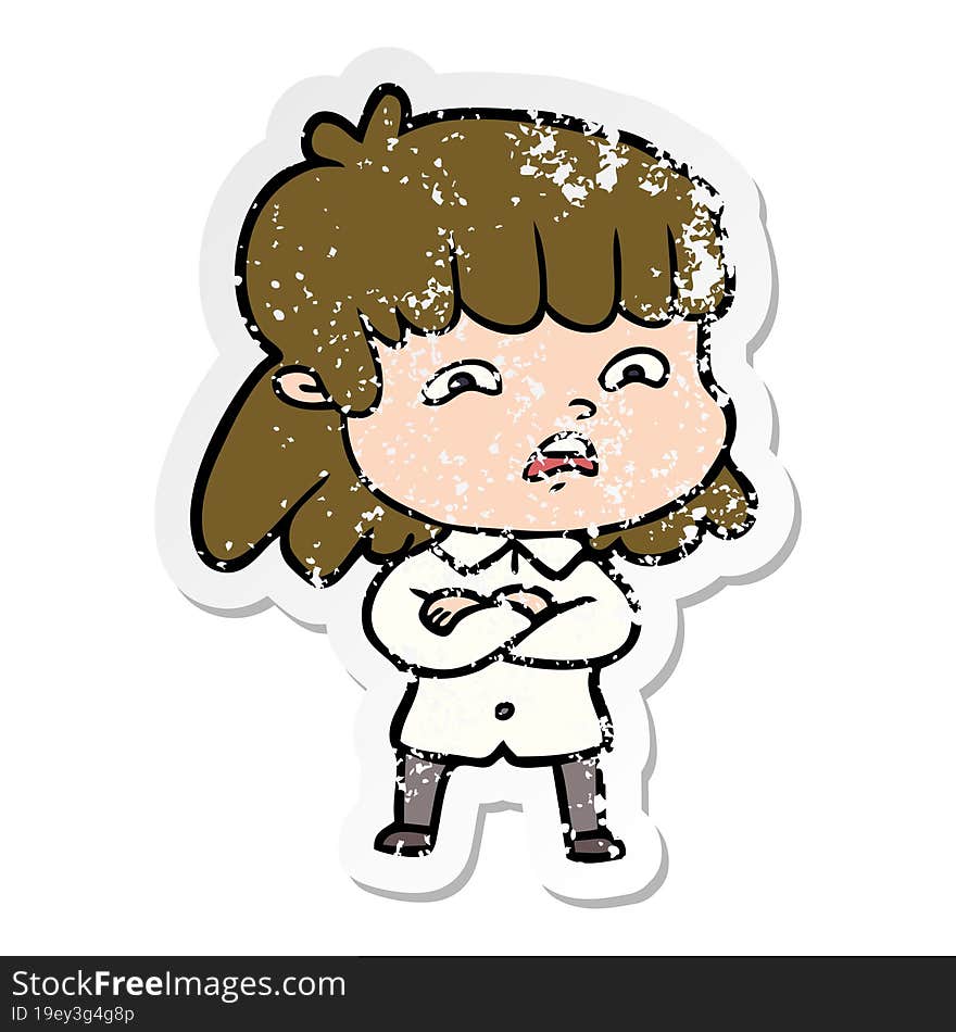 Distressed Sticker Of A Cartoon Worried Woman