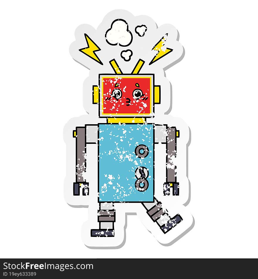 distressed sticker of a cute cartoon robot malfunction