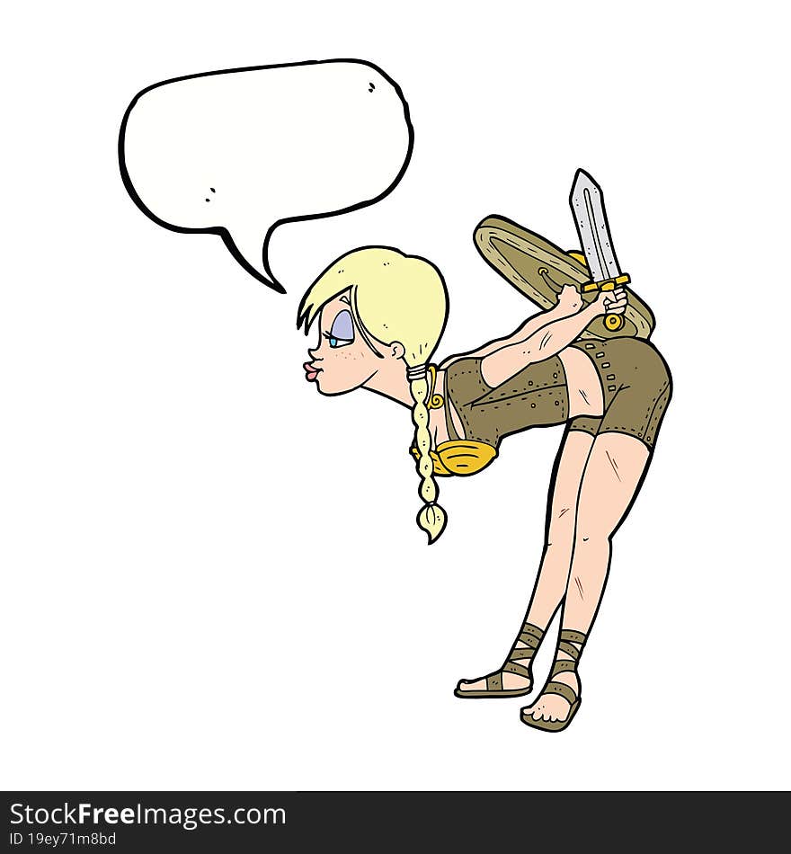 cartoon viking girl bowing with speech bubble