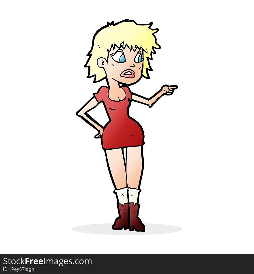 cartoon worried woman in dress pointing