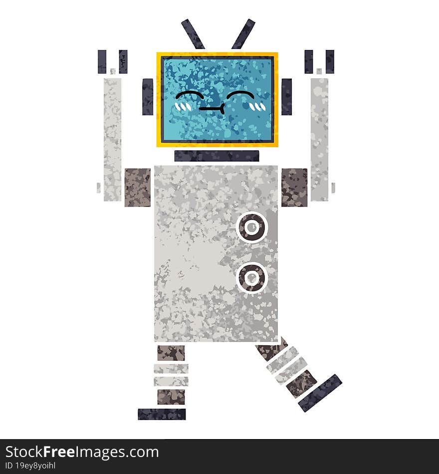 retro illustration style cartoon happy robot